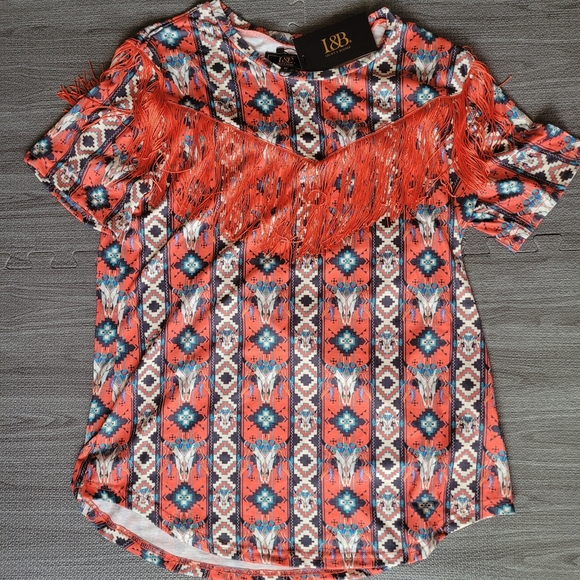 NEW L&B orange/red fringe steer head top - Picture 1 of 2